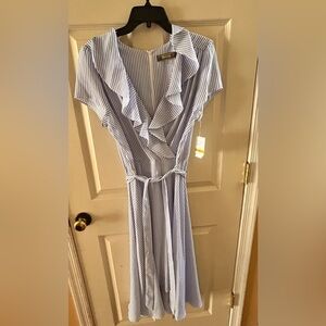 Melonie Faux Wrap Midi Dress Cap Sleeve Tie-Waist Stripe-Blue